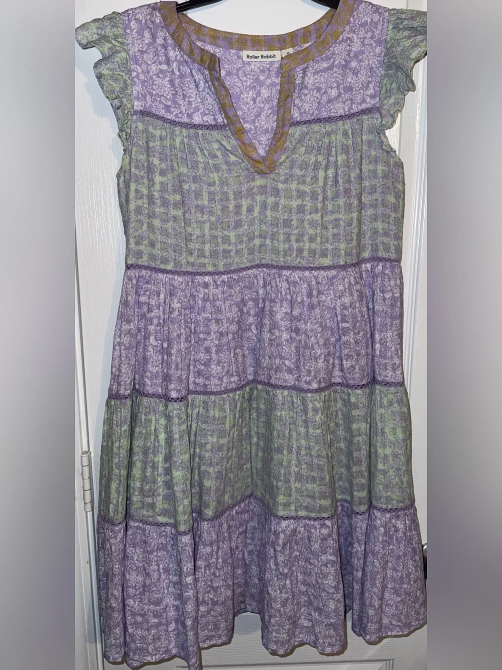 Roller Rabbit Ismay Pippa Tiered Mini Dress Pastel Purple Green Size XS